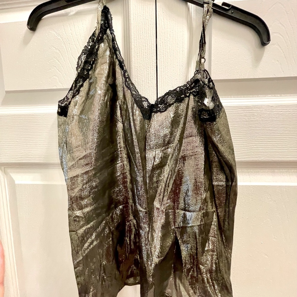 New! Sandro Women’s Lace-Trimmed Metallic Gold Silk Camisole Tank Top Small - Picture 9 of 14